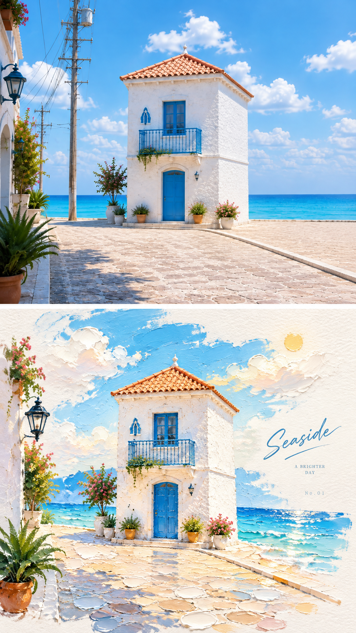 Create a strictly vertical 9:16 composite poster divided into two equal-height horizontal panels, wi