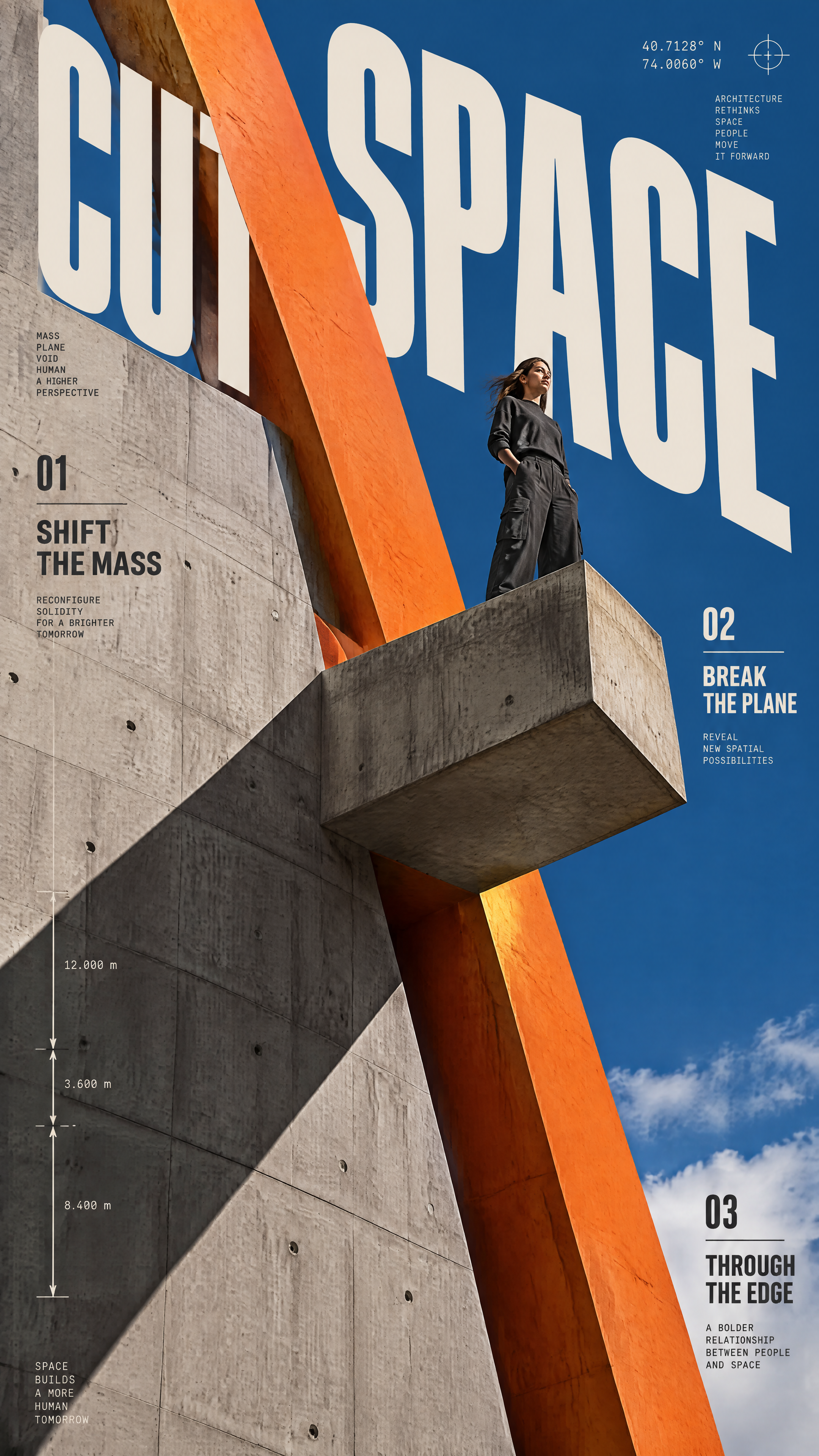 Create a premium vertical 9:16 editorial poster in English titled “CUT SPACE”. Show a monumental bru